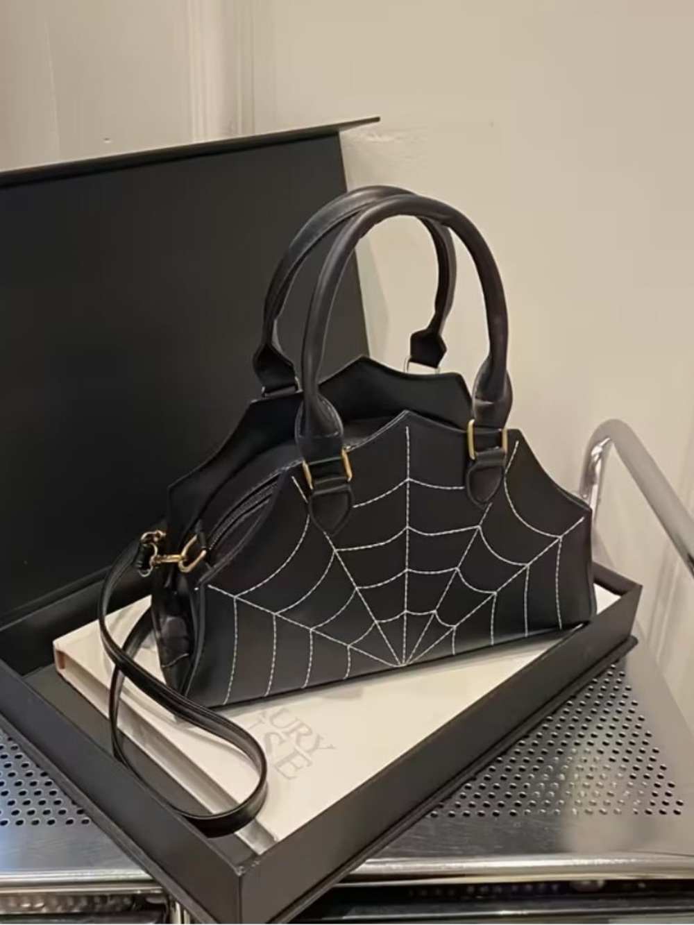 Black Spiderweb-Stitch Satchel Handbag/Shoulderbag with Removable Strap Black